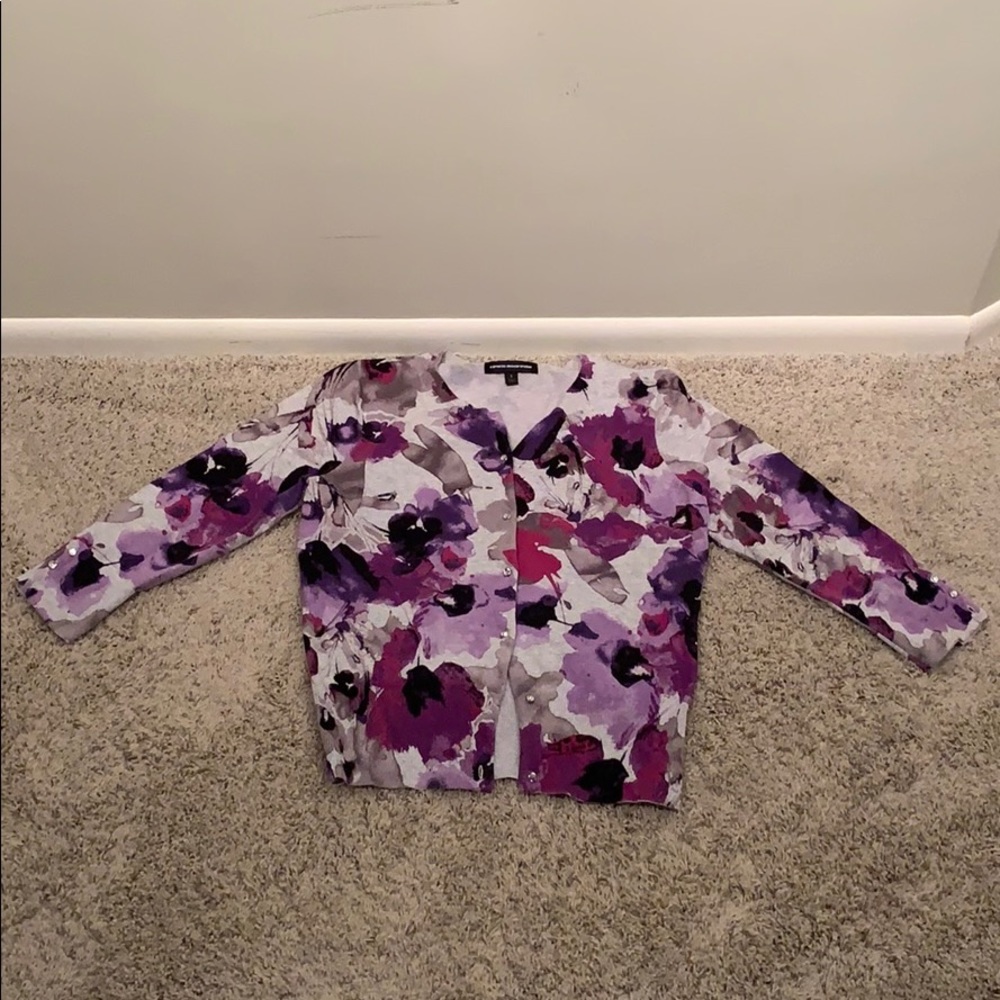 Lavender print 3/4 sleeve cardigan from Express
